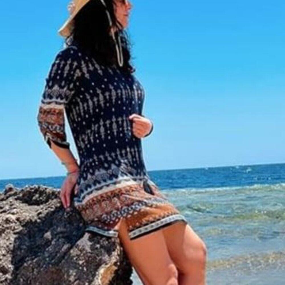 Women’s Blue Bohemian Dress V Neck 3/4 Sleeve Casual Spring Tunic Dress